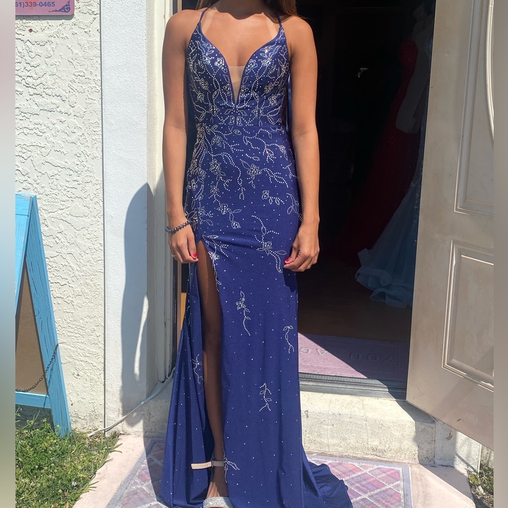 Brand new navy blue prom dress with sequins size 2/4 - Picture 2 of 5